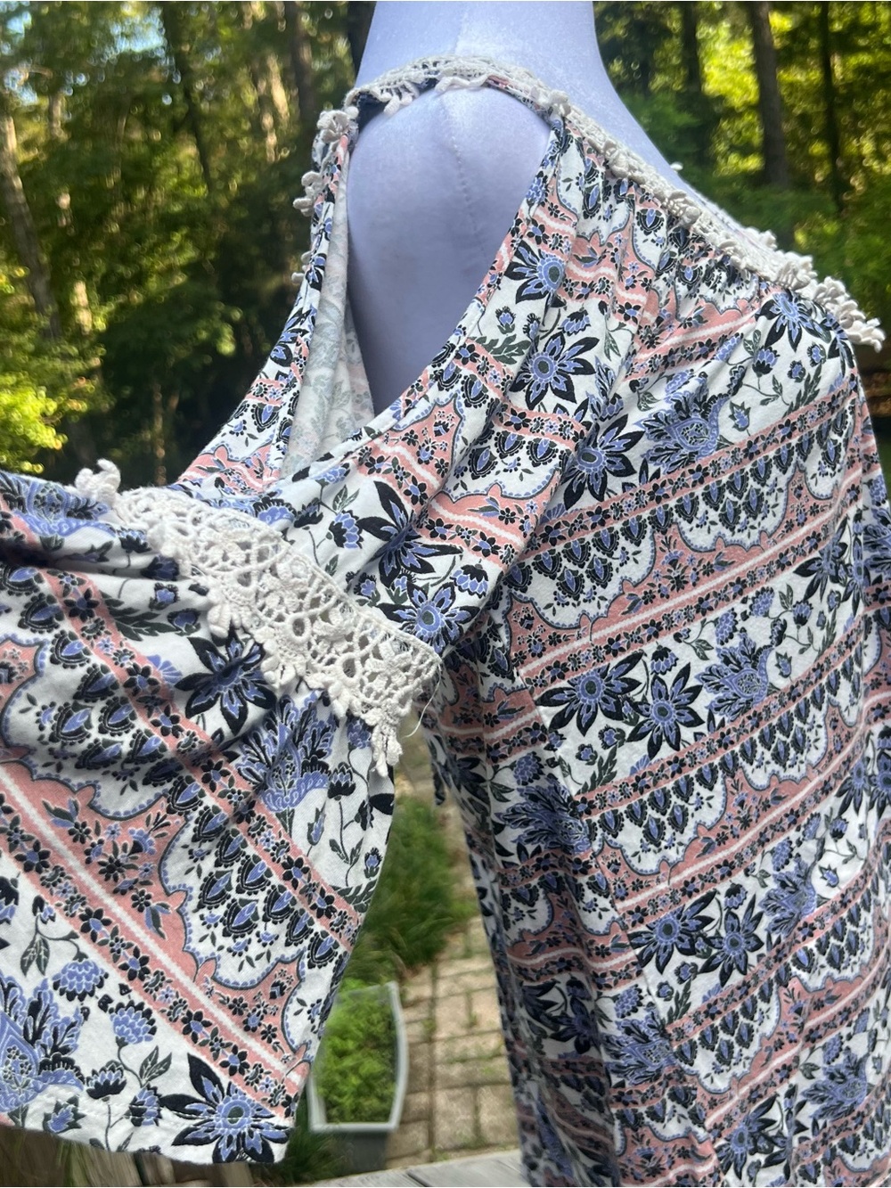 Always Indigo Boho Floral Crochet Cold Shoulder Tunic Top M
